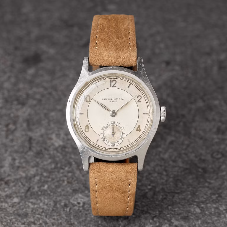 Front Photo of Patek Philippe & Co, 565 Steel, Sector Dial, ca 1943.